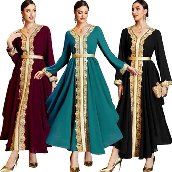 עיד חדש מרוקאי צוואר V שכבה כפולה חריג מוסלמי המפלגה שמלה תחרה, תפירה במזרח התיכון הסעודית נשים שמלת Abaya אלגנטי